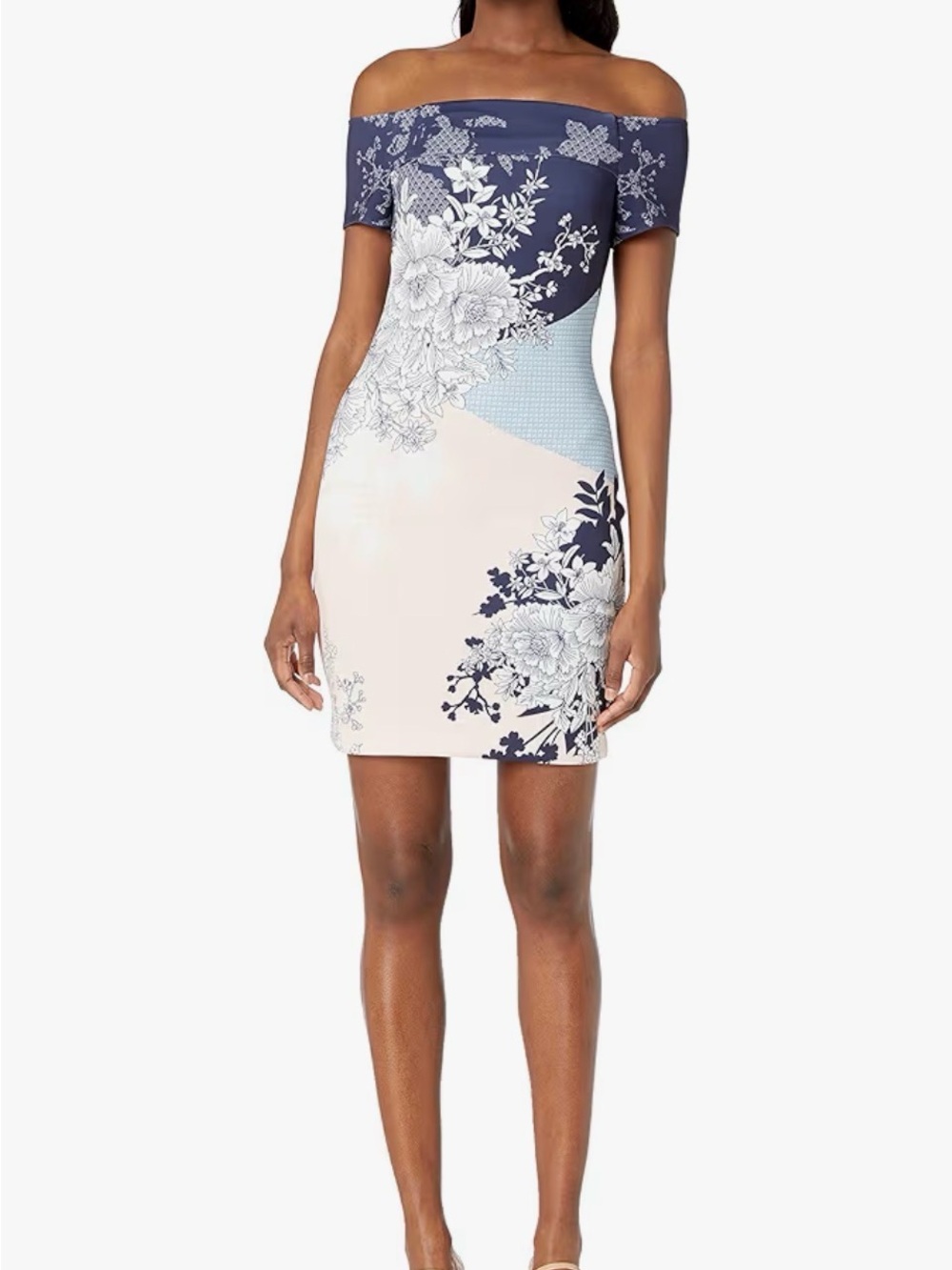 Guess‎ Off-the-Shoulder Floral Panel Mini Dress in Navy and Cream